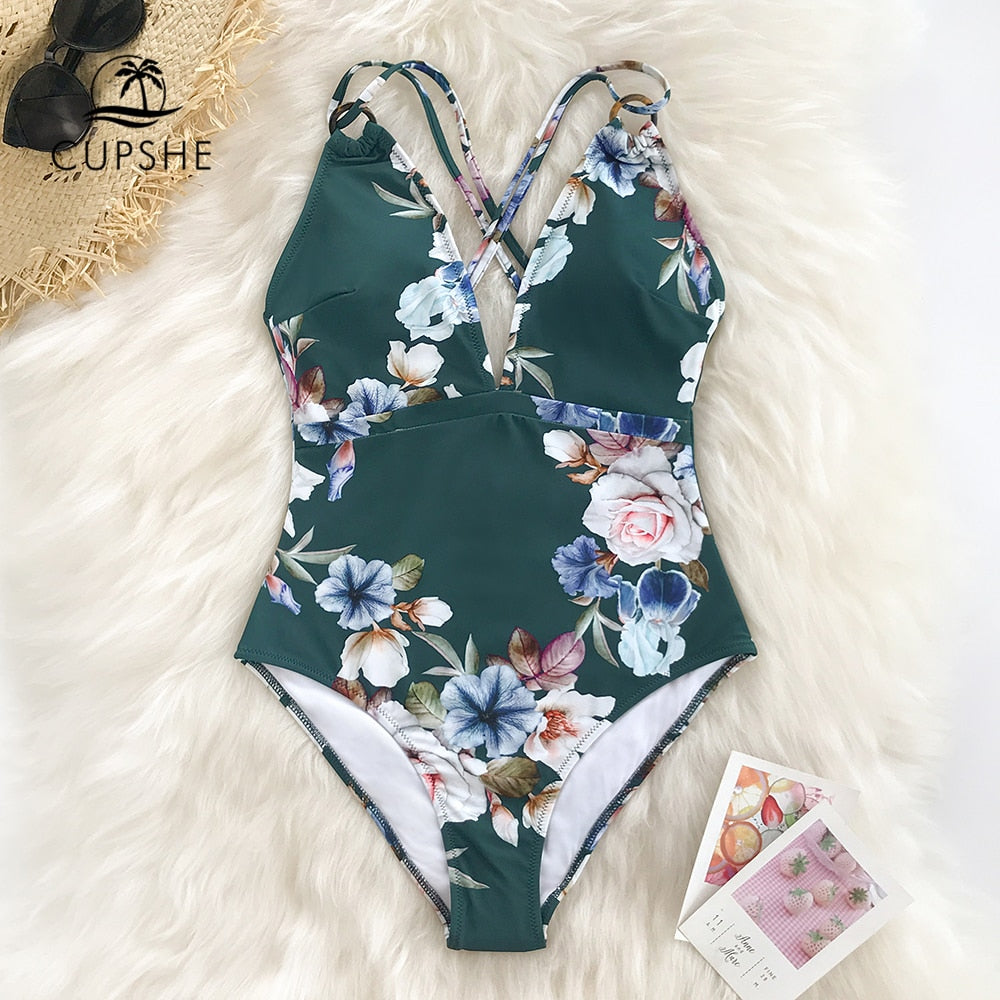 Green Floral print V-neck One-Piece