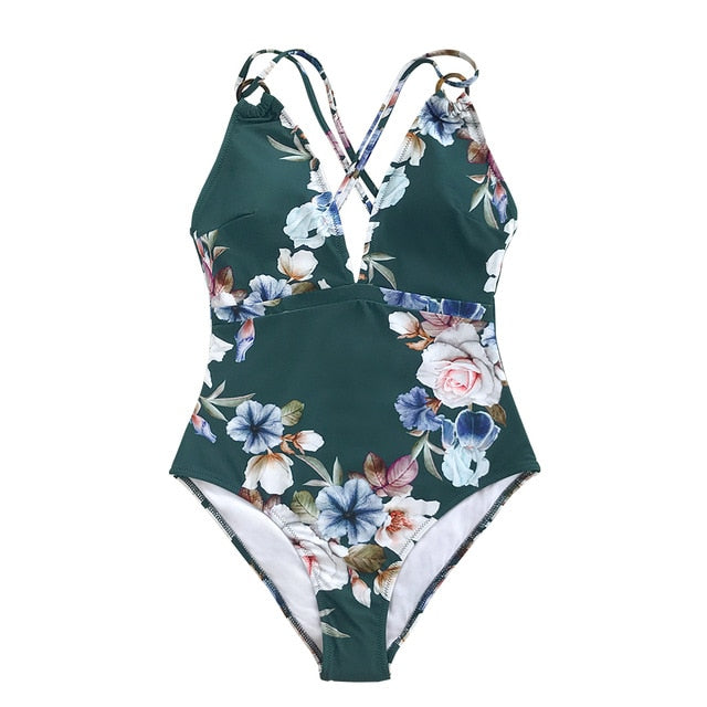 Green Floral print V-neck One-Piece