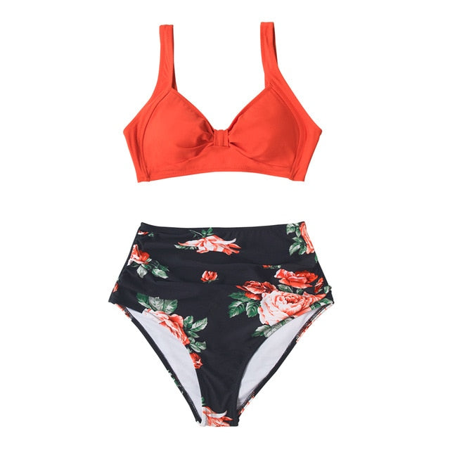 Red Tank and Black Floral High-waist Bikini Set