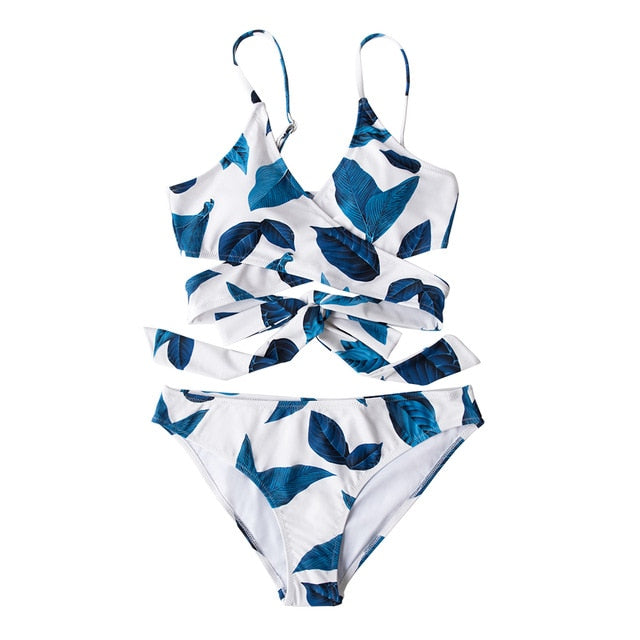 Blue Leaves Print Lace Up Low-waist Bikini Set