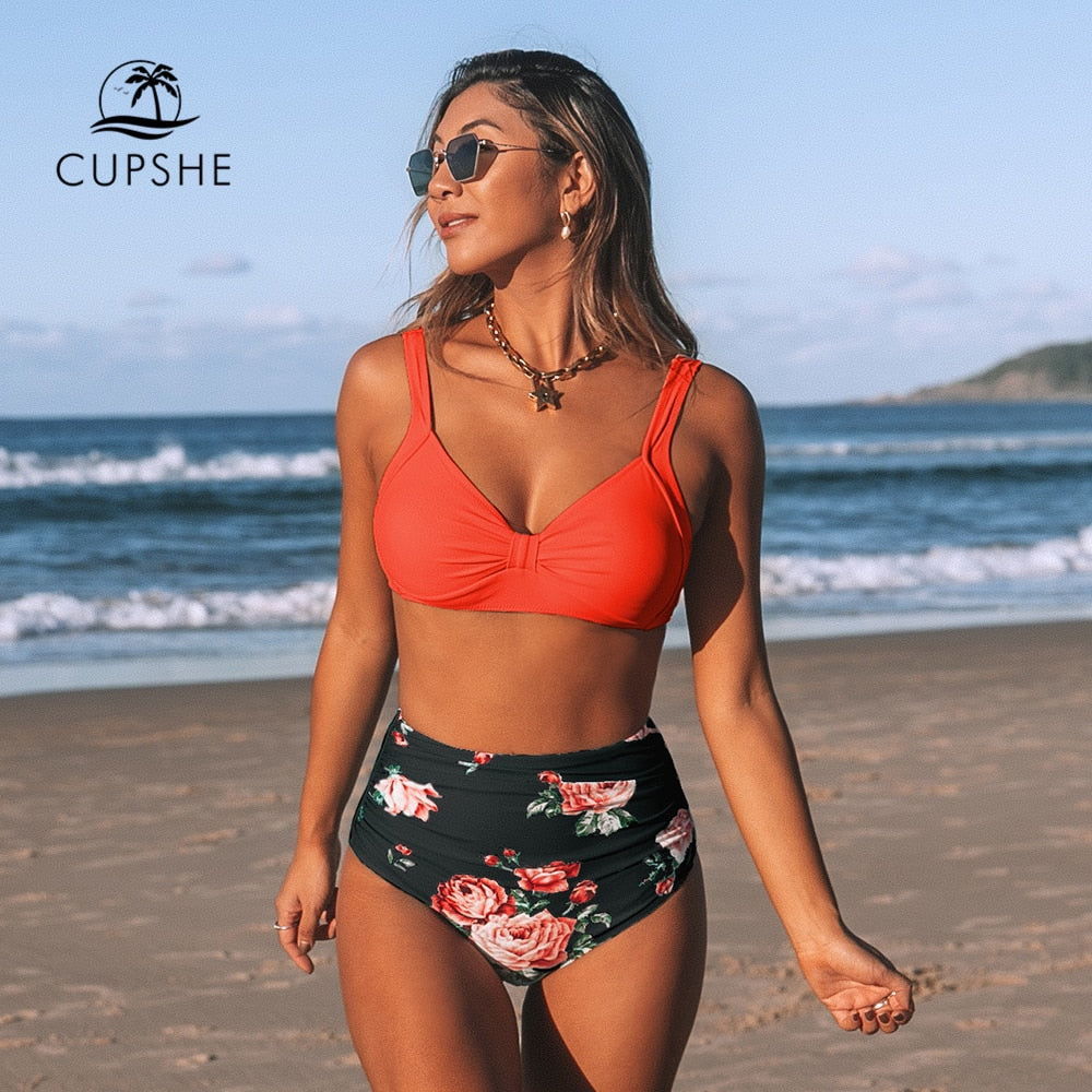 Red Tank and Black Floral High-waist Bikini Set