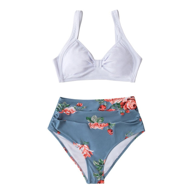 Pink And Green Floral High-waisted Bikini Set