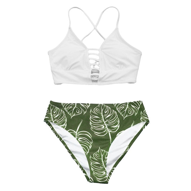 White and Leaves Print Mid-waist Bikini Set