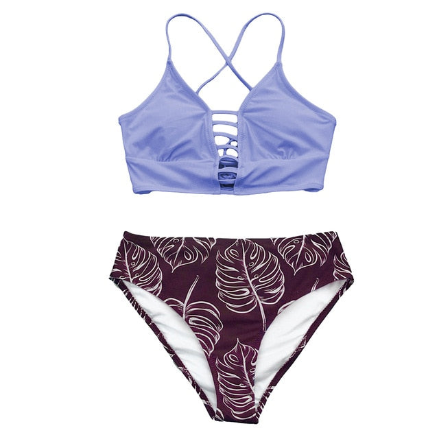 Purple and Leaf Print Mid-waist Bikini