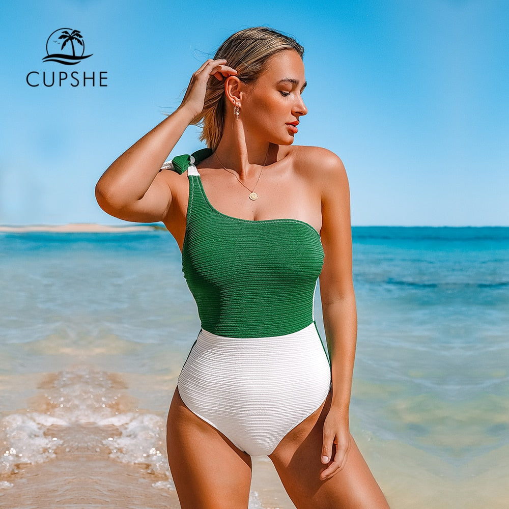 Green And White Colorblock One Shoulder One-Piece