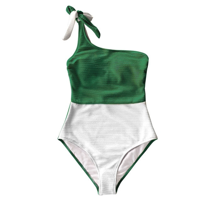 Green And White Colorblock One Shoulder One-Piece