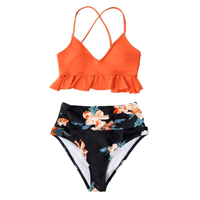 Orange and Floral High-Waist Bikini Set