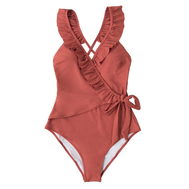 Solid Brick-red V-neck Ruffled One-Piece