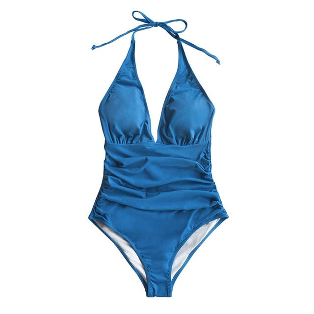 Solid Blue Shirring One-piece