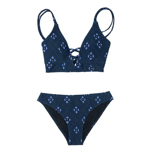 White and Leaves Print Mid-waist Bikini Set