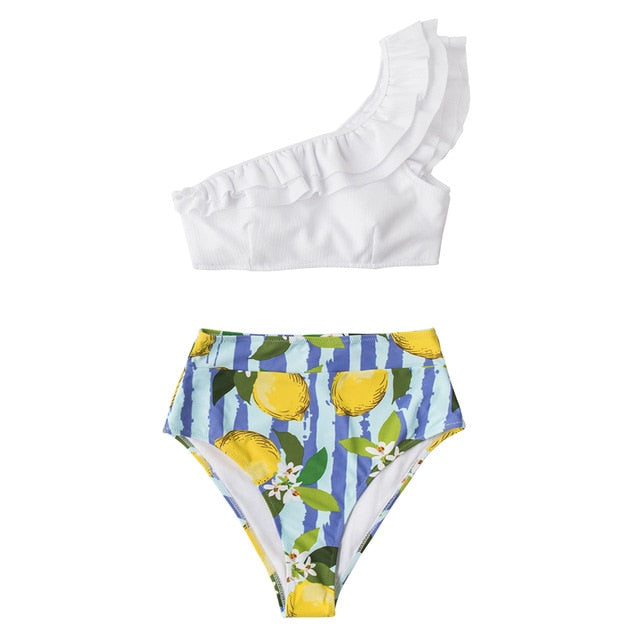 White and Lemon One Shoulder Bikini Set