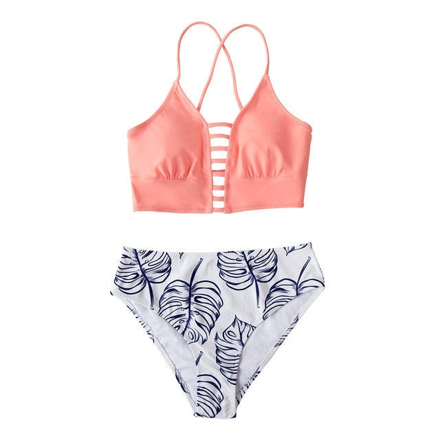 Purple and Leaf Print Mid-waist Bikini