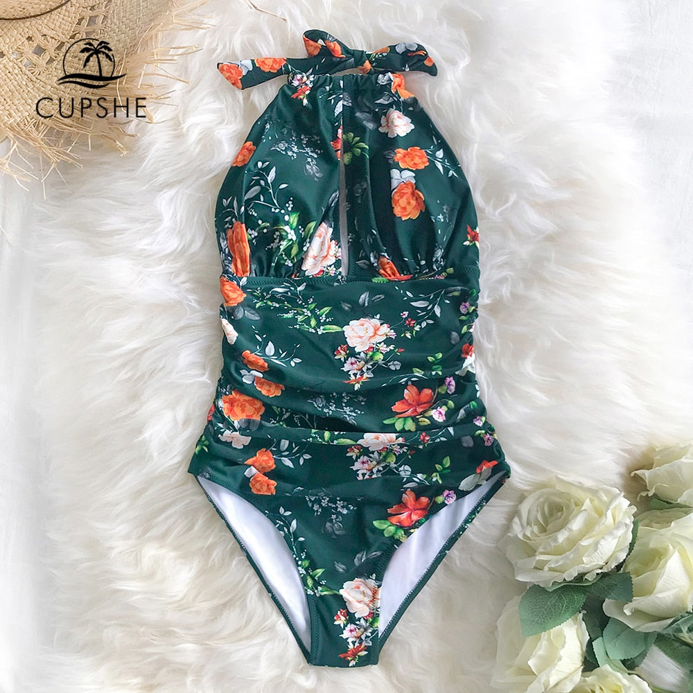 Green Floral Halter One-Piece