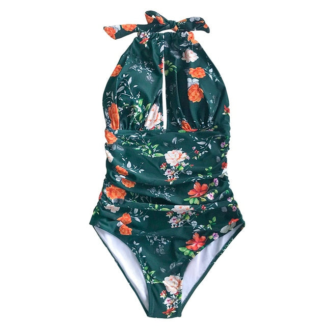 Green Floral Halter One-Piece