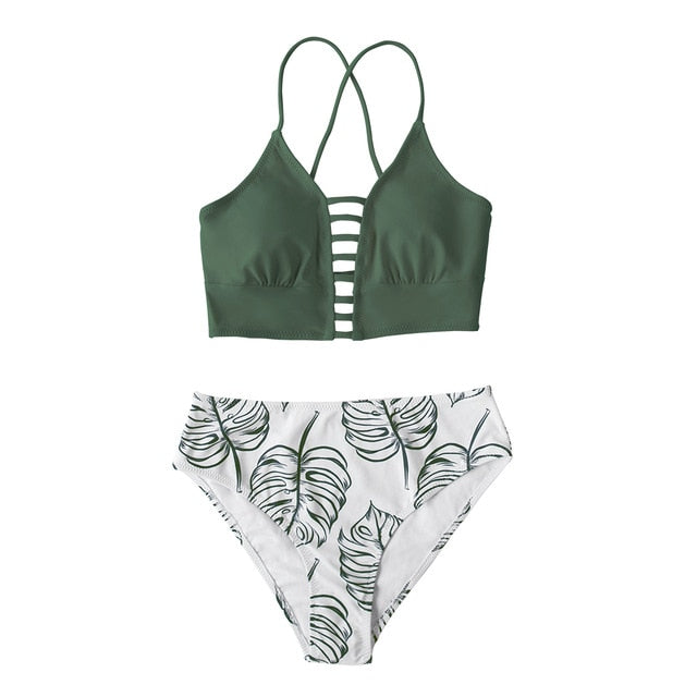 White and Leaves Print Mid-waist Bikini Set