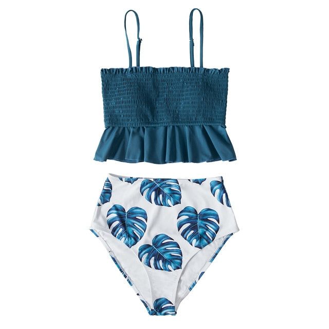 Smocked Blue Leaves Print Bikini Set