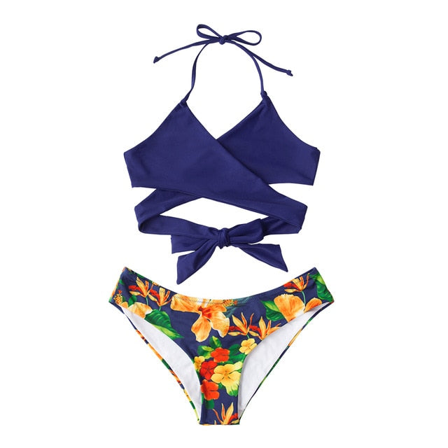 Navy Floral Halter Low-rise Bikini Set