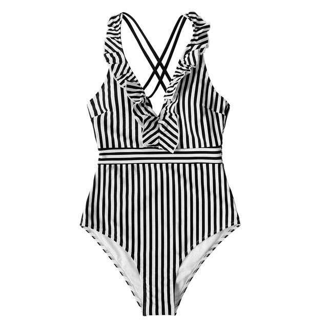 Green White Striped Ruffled One-Piece