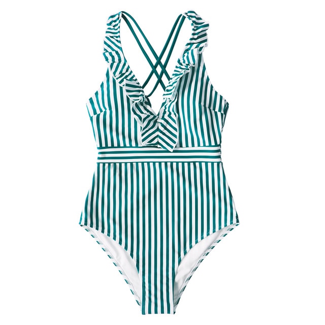 Green White Striped Ruffled One-Piece