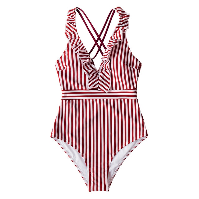 Green White Striped Ruffled One-Piece