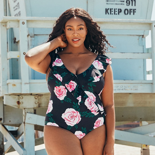 Floral Ruffles V-Neck One Piece