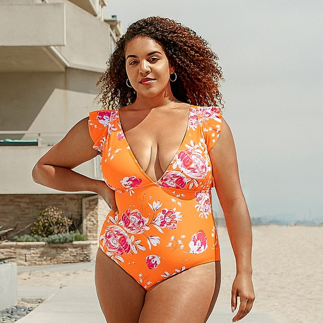 Orange Floral Ruffles V-Neck One Piece