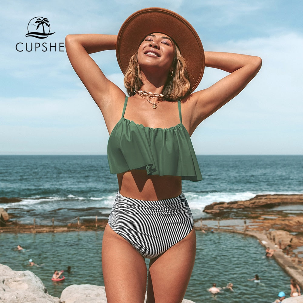 Olive Stripe Falbala High Waisted Bikini Set