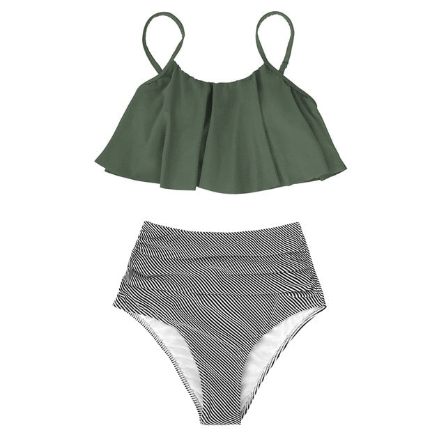 Olive Stripe Falbala High Waisted Bikini Set