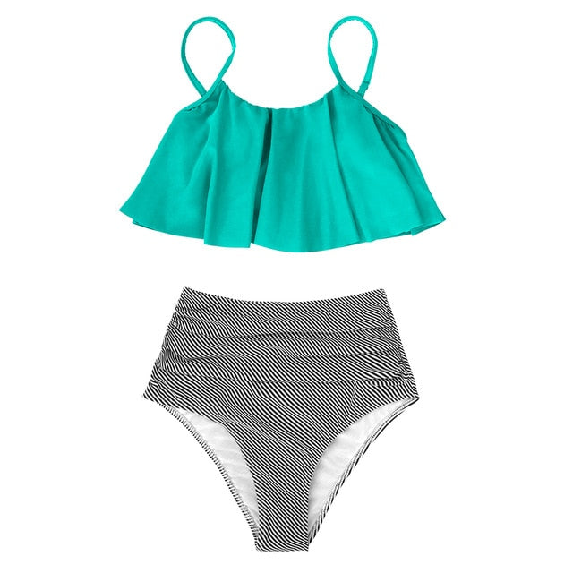 Green and Stripe High Waisted Bikini Set