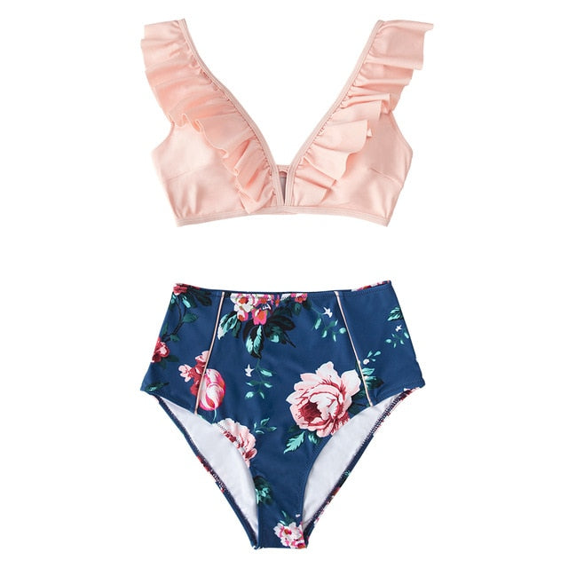 Black Floral Ruffled High-Waist Bikini Set