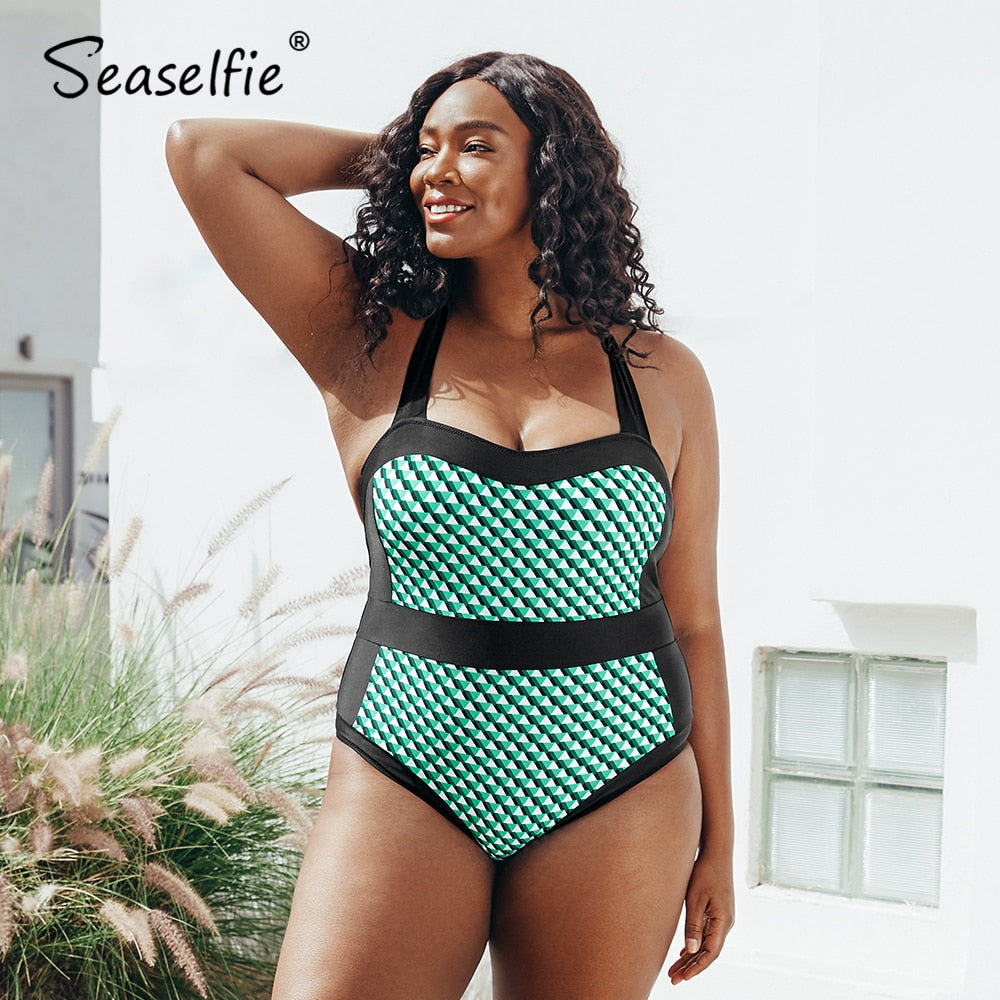 Green Geometric Print Halter One Piece