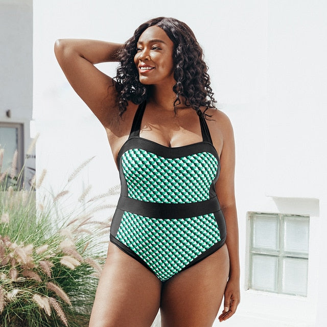 Green Geometric Print Halter One Piece