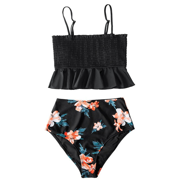 Black Floral Smocked High-Waisted Bikini Set