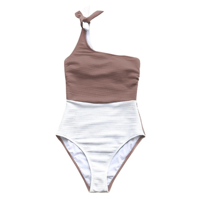 Taupe and White One Shoulder One-Piece