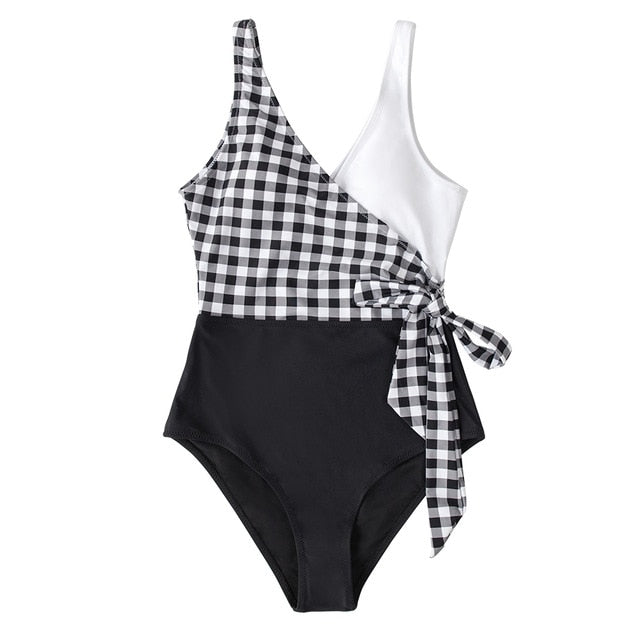 Black White Plaid Colorblock One-Piece