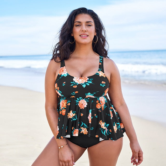 Black Floral Peplum Tankini