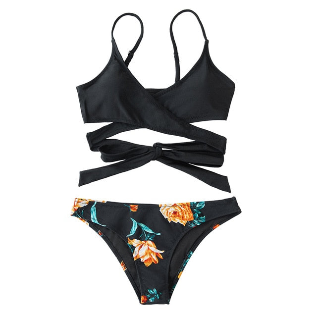 Black Floral Lace Up Low-Waist Bikini Set