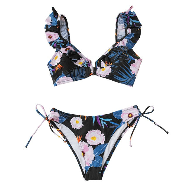 Black Floral Ruffled V-neck Bikini Set