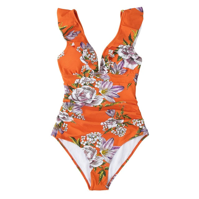 Orange Floral Ruffled One-Piece