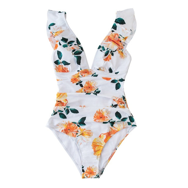 Orange Floral Ruffled One-Piece