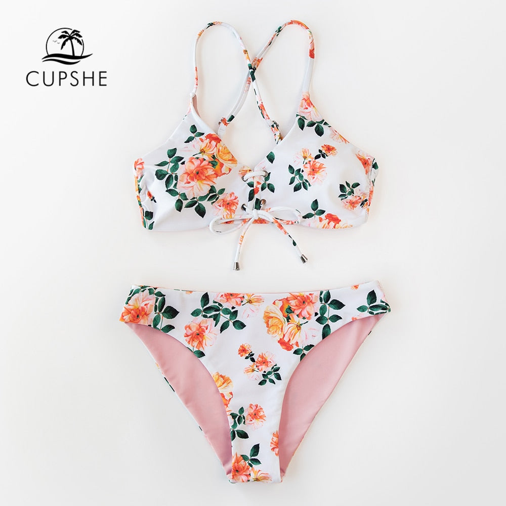 Pink Floral Lace Up Low-Rise Bikini Set