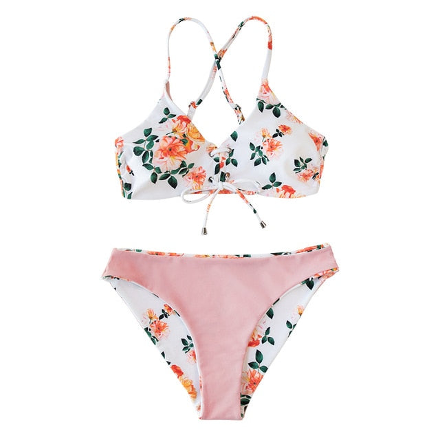 Pink Floral Lace Up Low-Rise Bikini Set