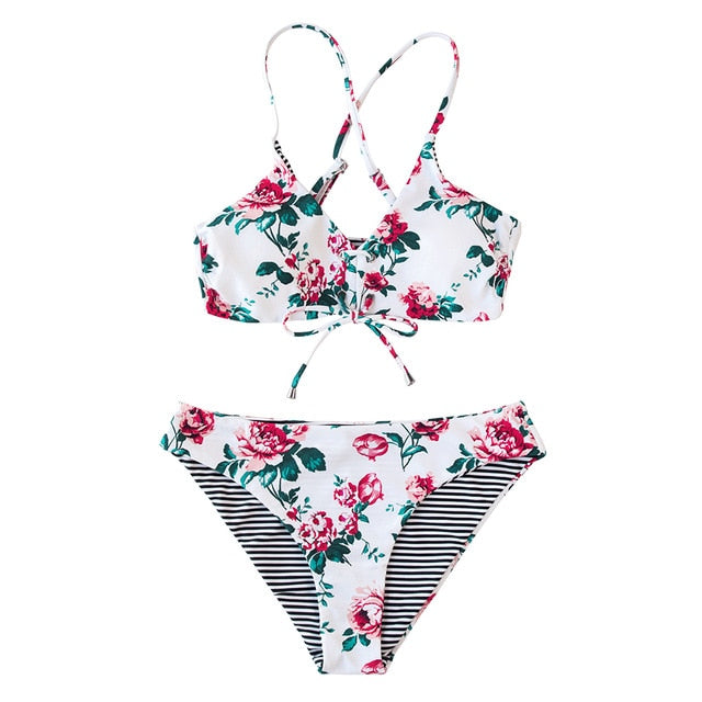 Pink Floral Lace Up Low-Rise Bikini Set