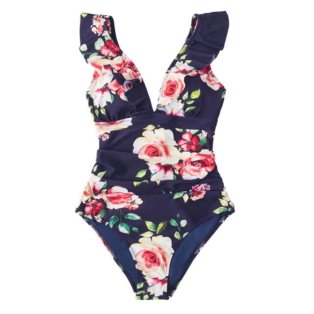 Black Floral V-neck Ruffled One-Piece