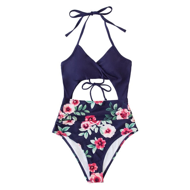 Sexy Black Floral Print Halter One-Piece