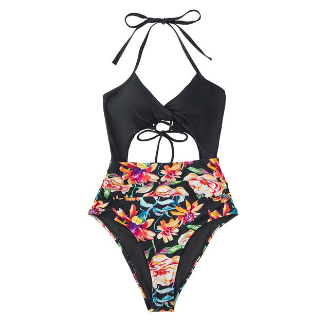 Sexy Black Floral Print Halter One-Piece