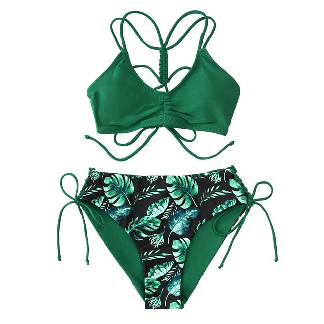 Green and Leafy Print Strappy Bikini Set