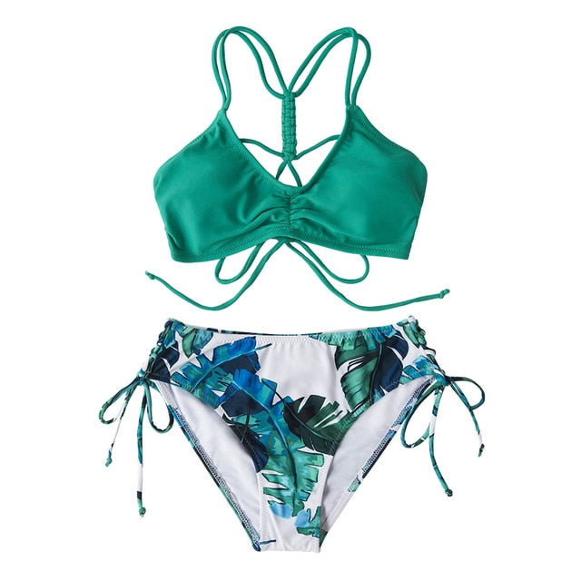 Green and Leafy Print Strappy Bikini Set