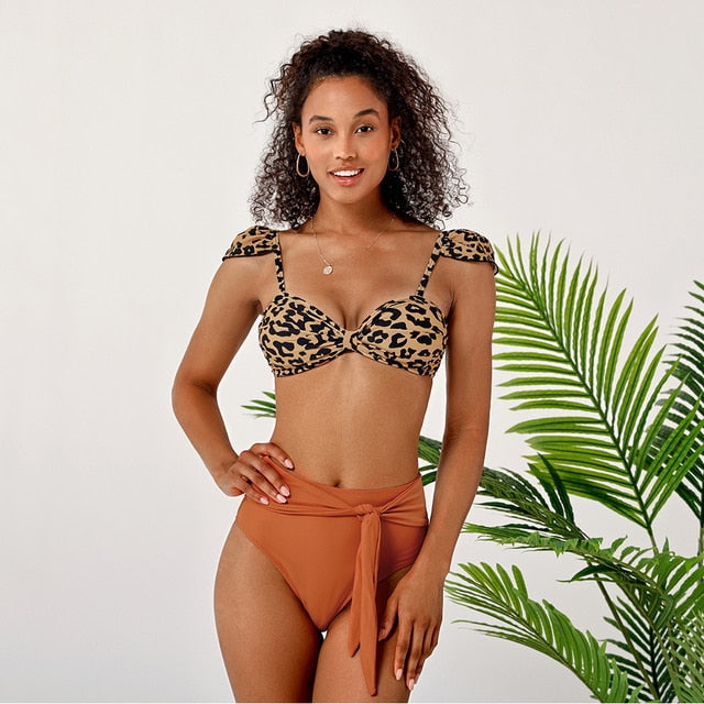 Leopard Capped Sleeves Bikini Set