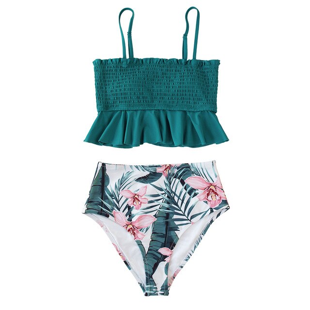 Smocked Blue Leaves Print Bikini Set